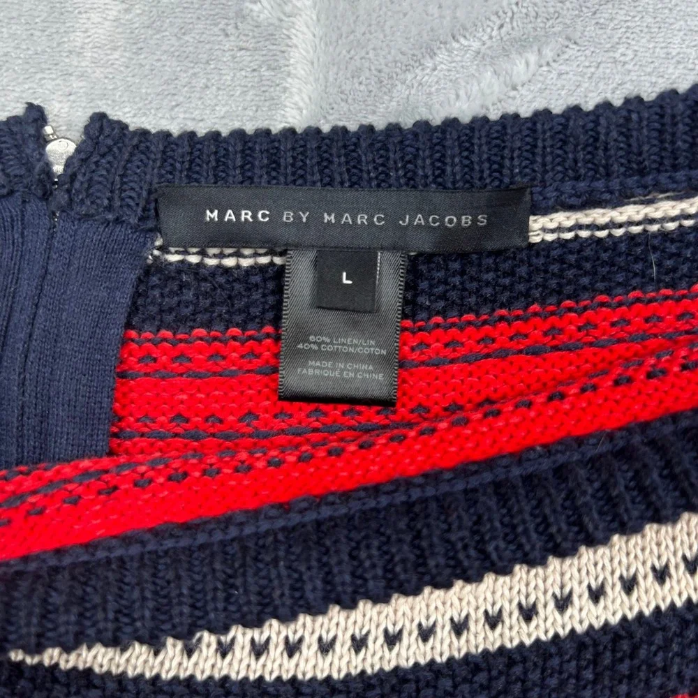 Marc By Marc Jacobs Sweater Top Womens L Blue Red Striped Linen Cotton Zip Back